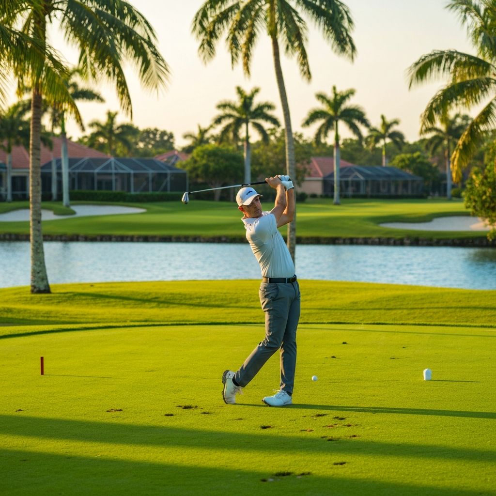 Golfer mid-swing on Florida golf course